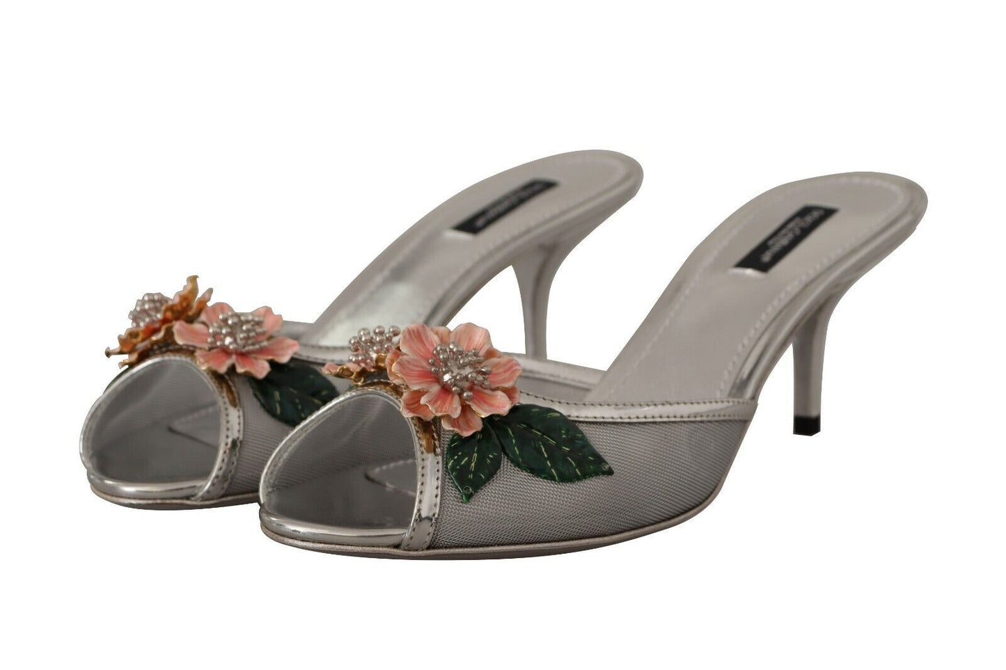 Dolce & Gabbana Elegant Silver Floral Kitten Heel Sandals