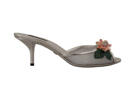 Dolce & Gabbana Elegant Silver Floral Kitten Heel Sandals