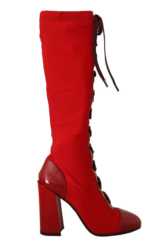 Dolce & Gabbana Red Lace-Up Knee High Leather Boots