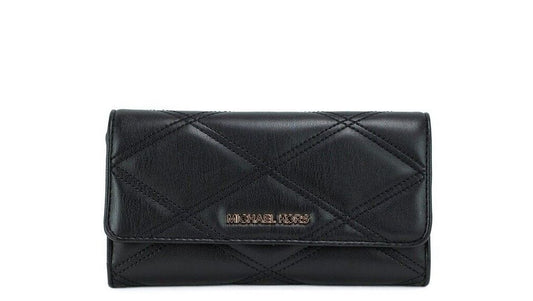 Michael Kors Jet Set Travel Large Black Quilted Vegan Leather Trifold Wallet