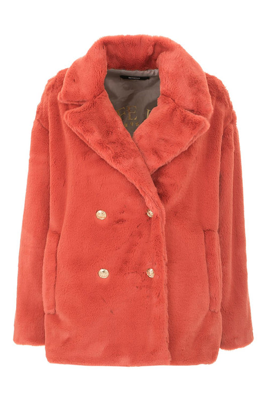 Imperfect Elegant Red Faux Fur Jacket with Button Closure