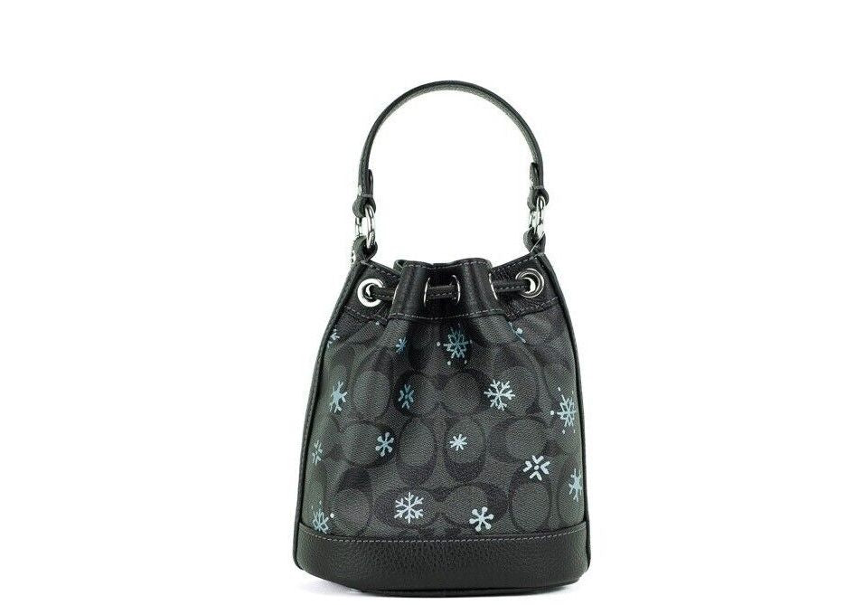 COACH Dempsey 15 Small Snowflake Print Graphite Coated Canvas Bucket Bag