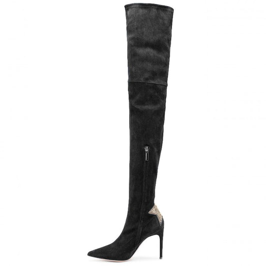 Elisabetta Franchi Chic Suede Calfskin Boots with Rhinestone Heel