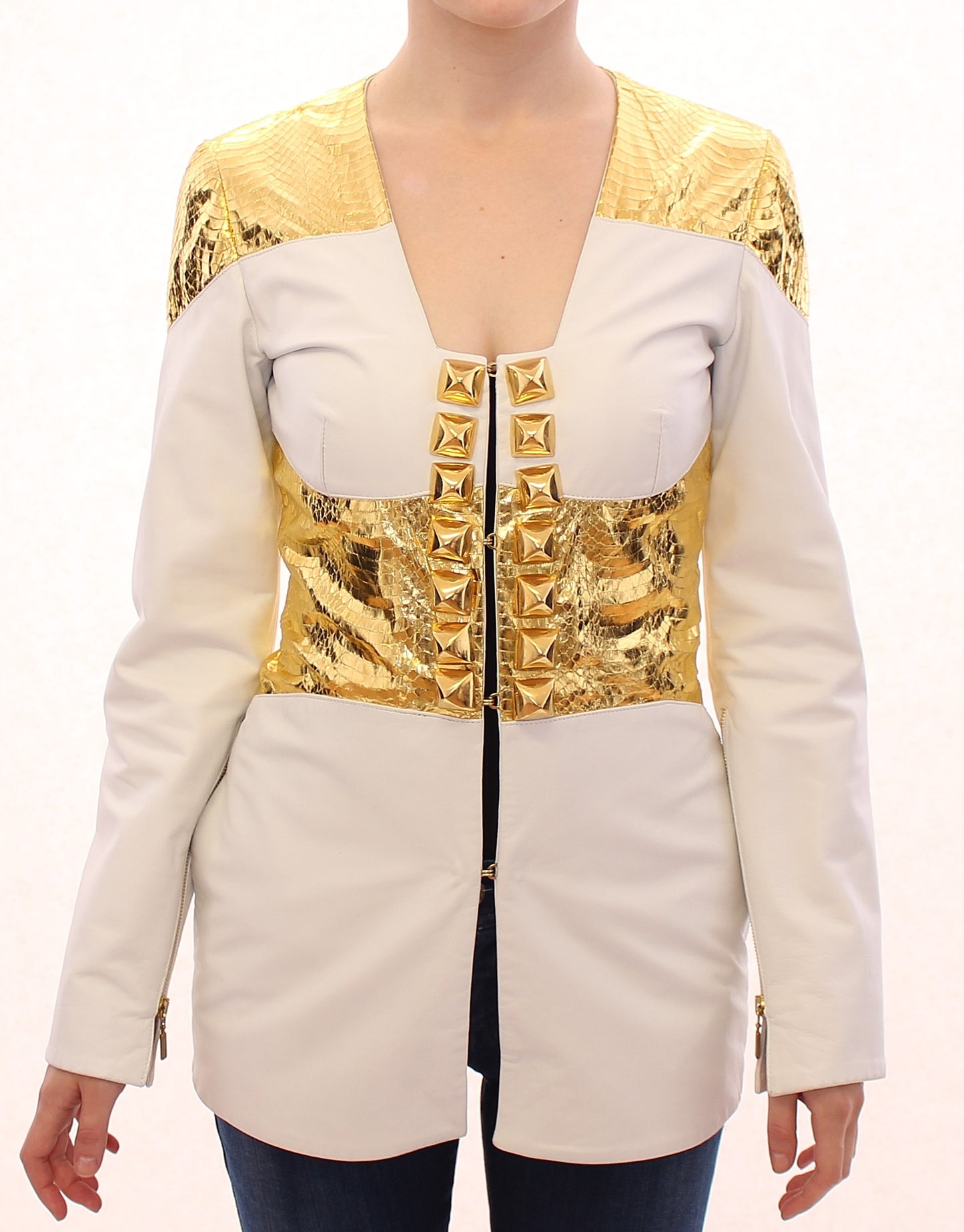 Vladimiro Gioia Elegant White & Gold Leather Jacket