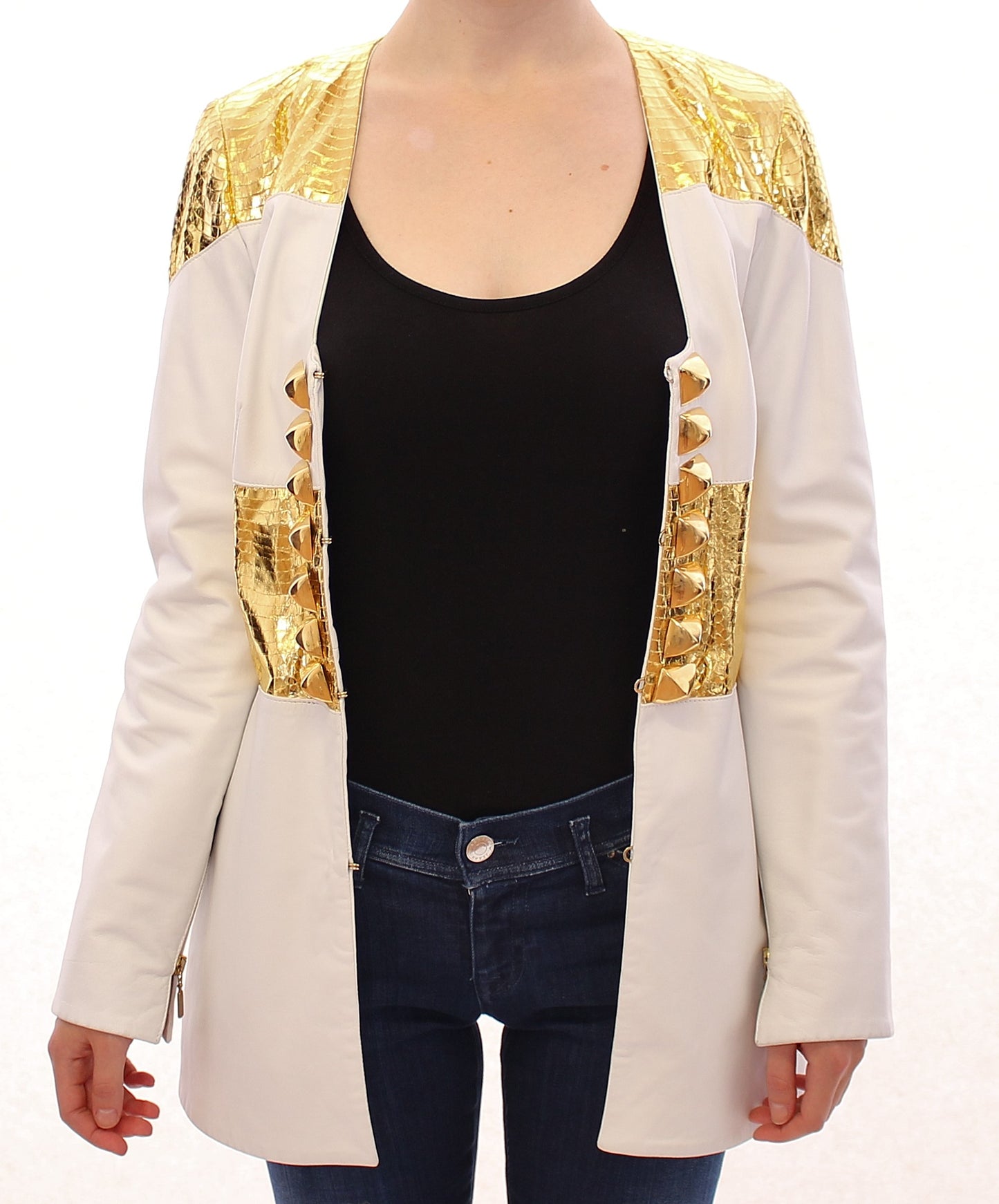 Vladimiro Gioia Elegant White & Gold Leather Jacket