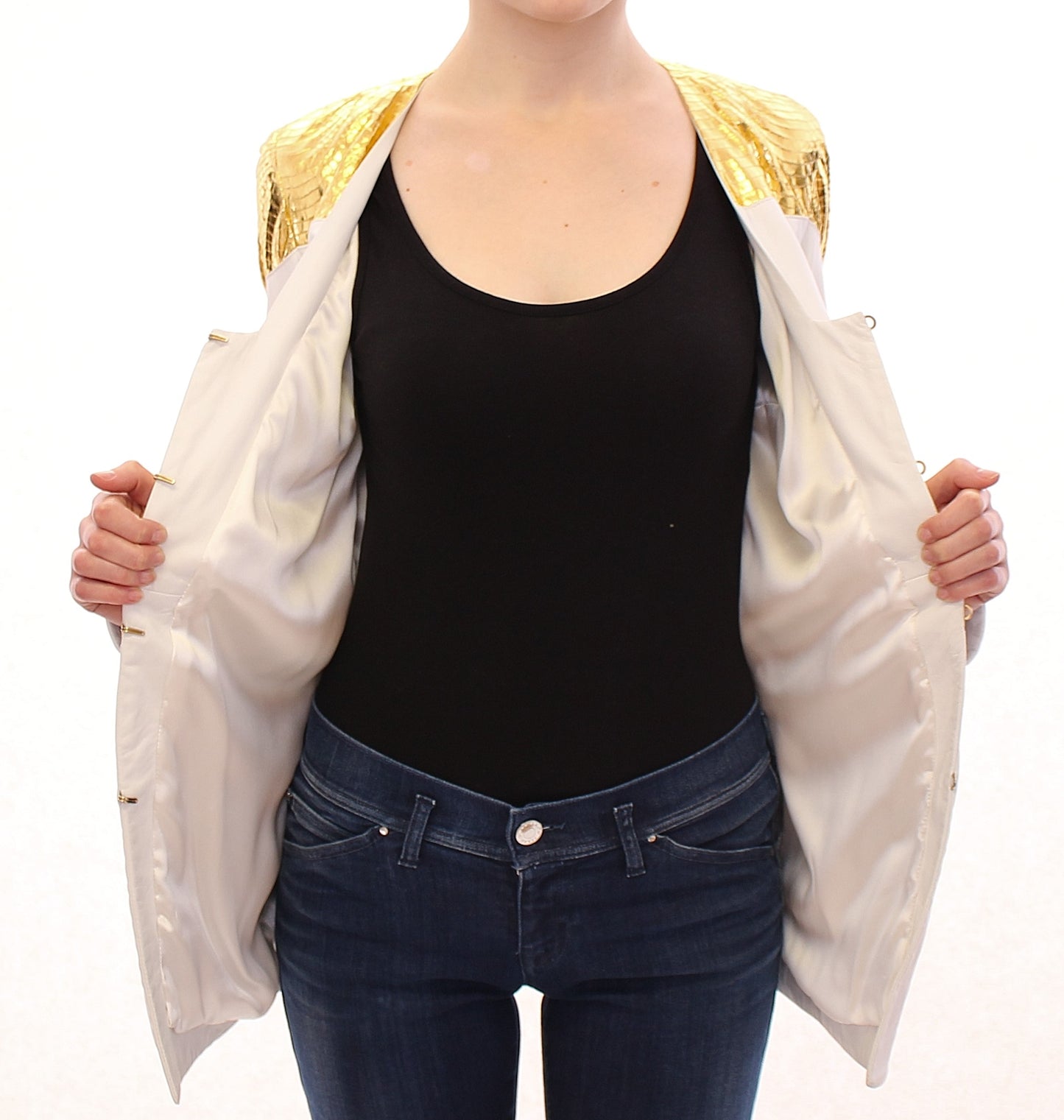 Vladimiro Gioia Elegant White & Gold Leather Jacket