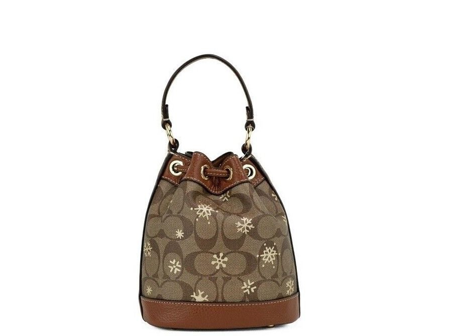 COACH Dempsey 15 Small Snowflake Print Khaki Coated Canvas Bucket Bag