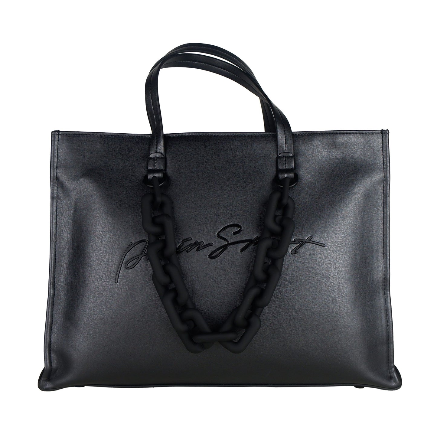 Plein Sport Chic Black Eco-Leather Shopper with Embossed Logo