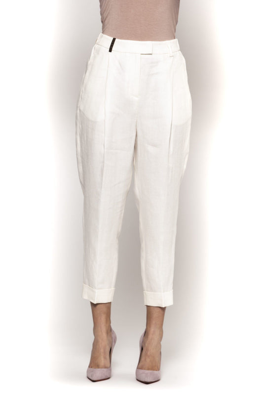 Peserico White Linen Women Trouser