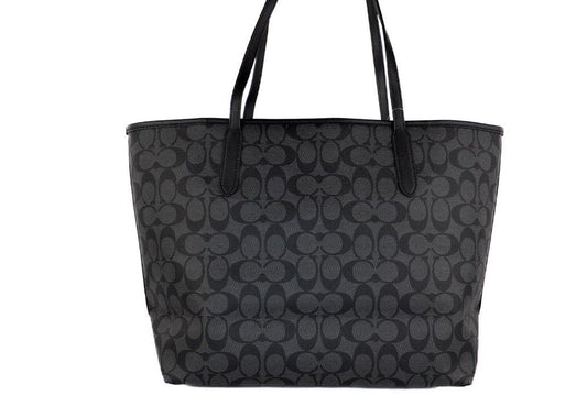 COACH Graphite Black Signature Coated Canvas City Tote Shoulder HandBag