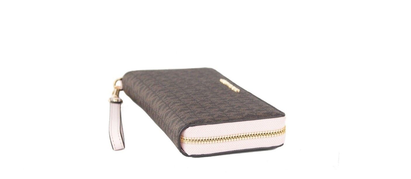 Michael Kors Jet Set Travel Large Brown Signature Pink Continental Wrist Wallet