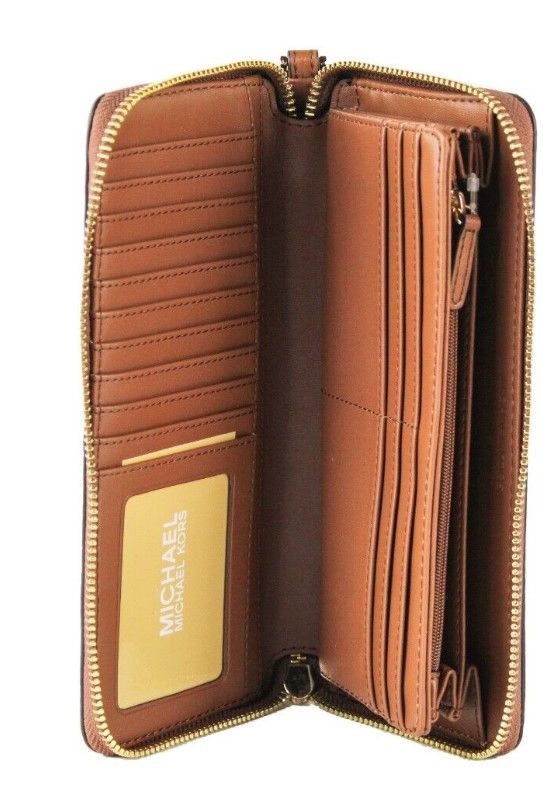 Michael Kors Jet Set Travel Large Luggage Pebbled Leather Continental Wallet Brown