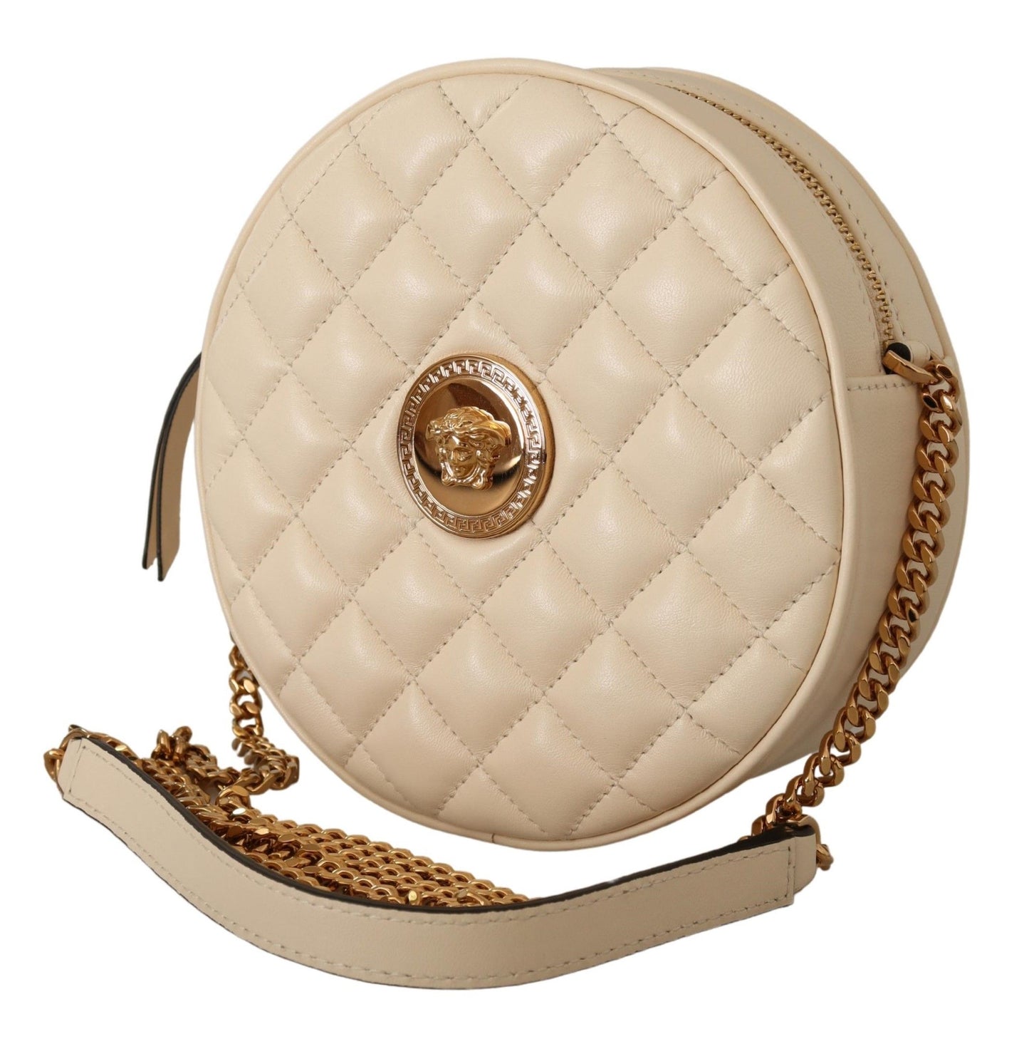 Versace Elegant White Nappa Leather Round Shoulder Bag