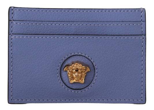 Versace Elegant Light Blue Calf Leather Card Holder