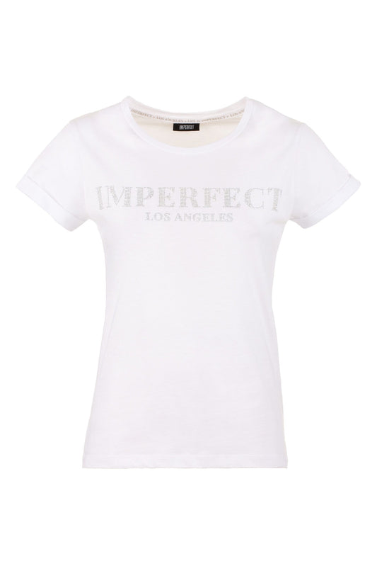 Imperfect Chic White Cotton Tee with Brass Logo