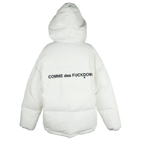 Comme Des Fuckdown Chic White Down Jacket with Iconic Print