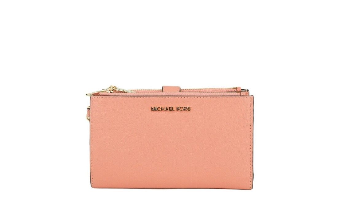 Michael Kors Jet Set Travel Signature Leather Large Double Zip Wristlet Wallet Sherbert