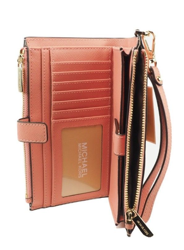 Michael Kors Jet Set Travel Signature Leather Large Double Zip Wristlet Wallet Sherbert