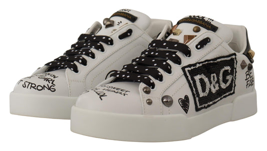 Dolce & Gabbana White Sequined Leather Sneakers with Studs Detail