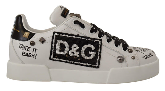 Dolce & Gabbana White Sequined Leather Sneakers with Studs Detail