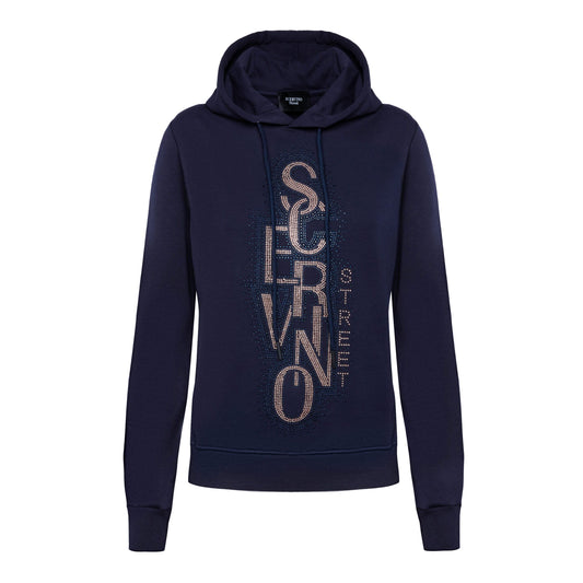 Scervino Street Elegant Blue Hooded Cotton Sweatshirt with Strass Logo