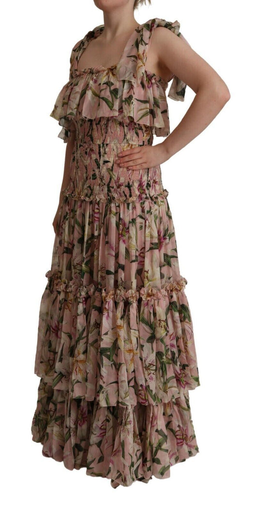 Dolce & Gabbana Elegant Pink Floral Ruched Silk Long Dress