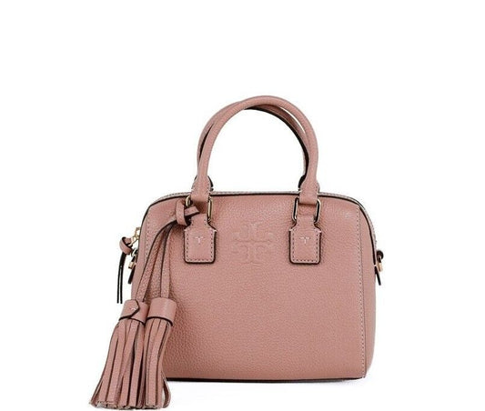 Tory Burch Thea Mini Pink Moon Pebbled Leather Web Satchel Crossbody Bag