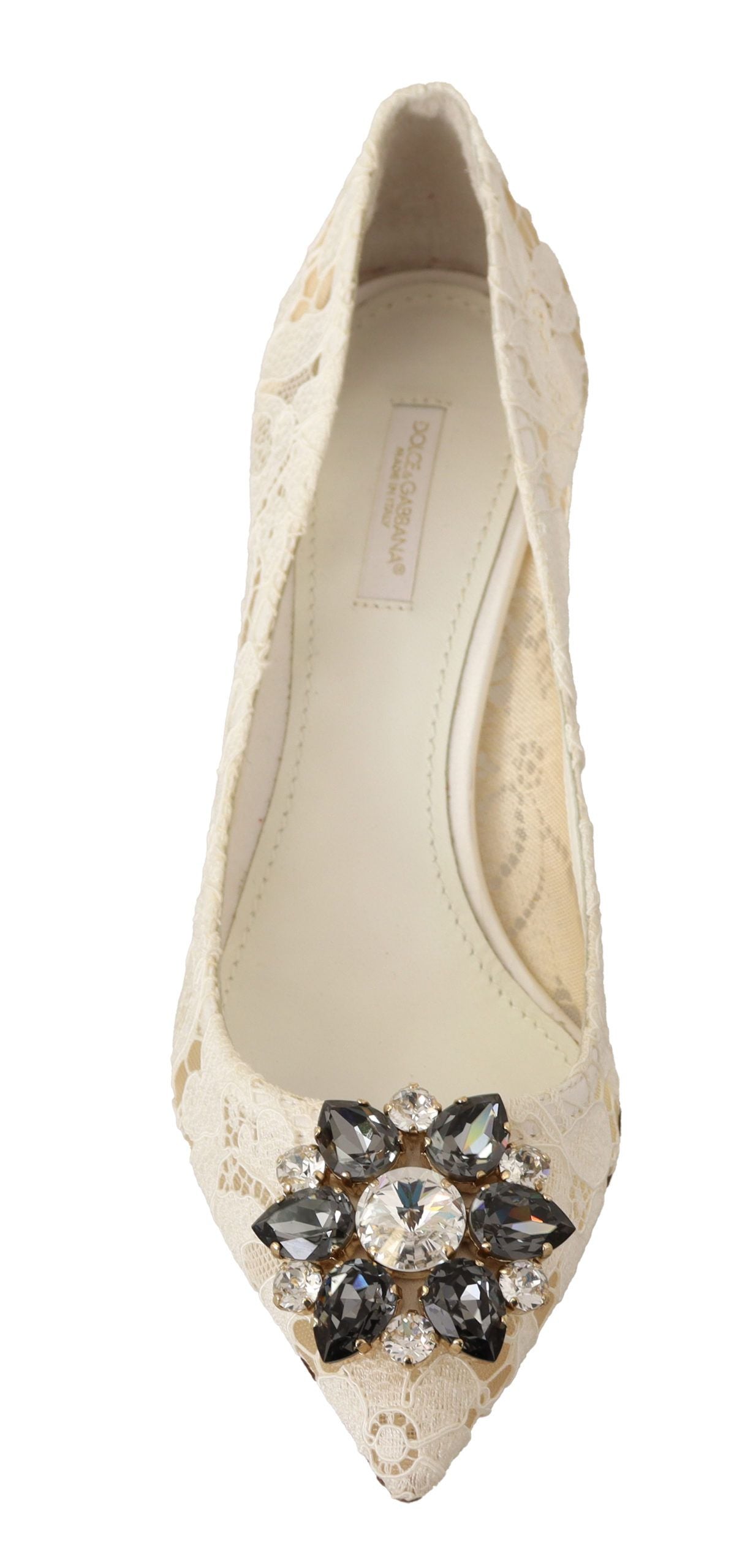 Dolce & Gabbana Elegant White Lace Heels with Crystal Embellishment