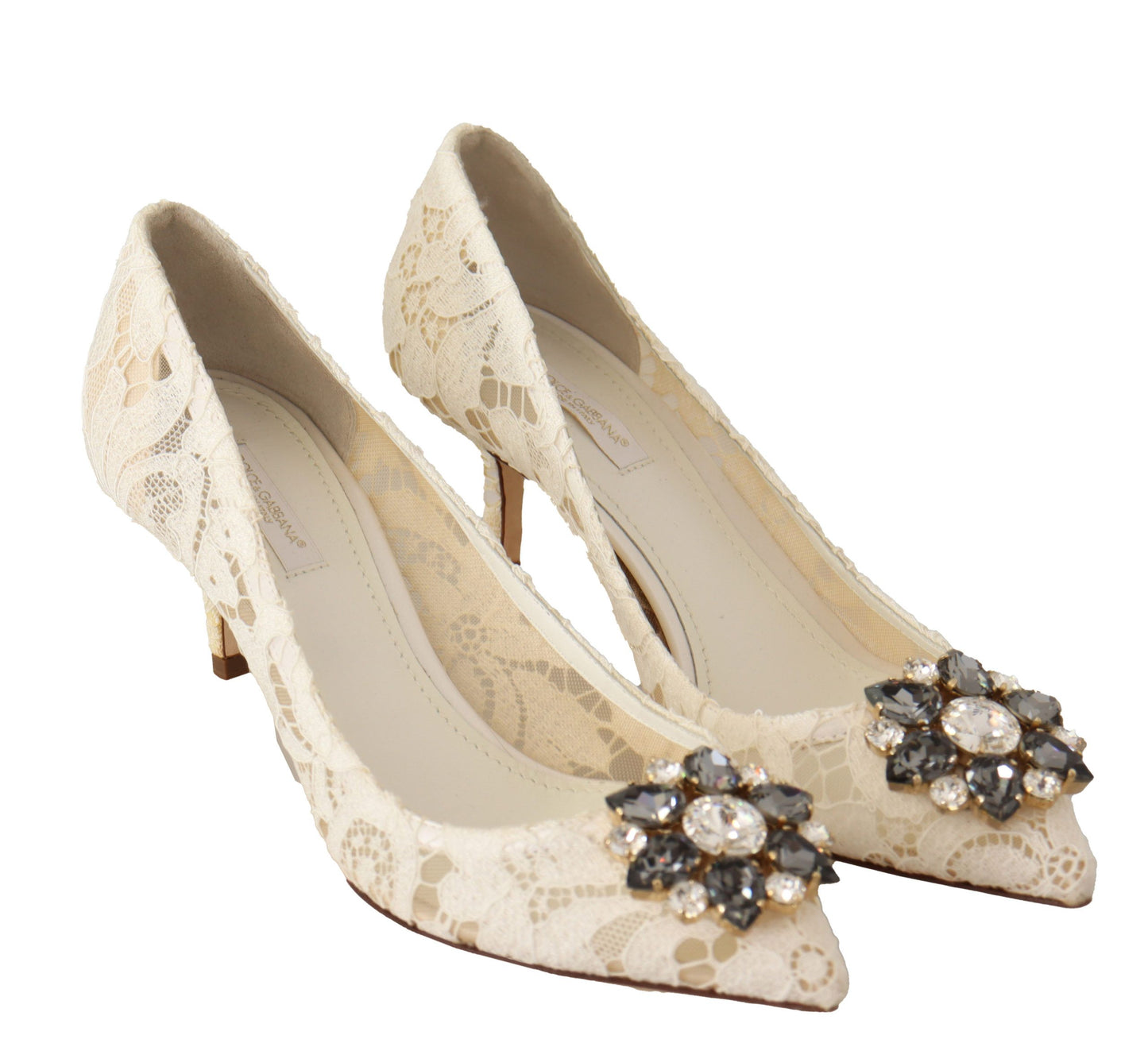 Dolce & Gabbana Elegant White Lace Heels with Crystal Embellishment