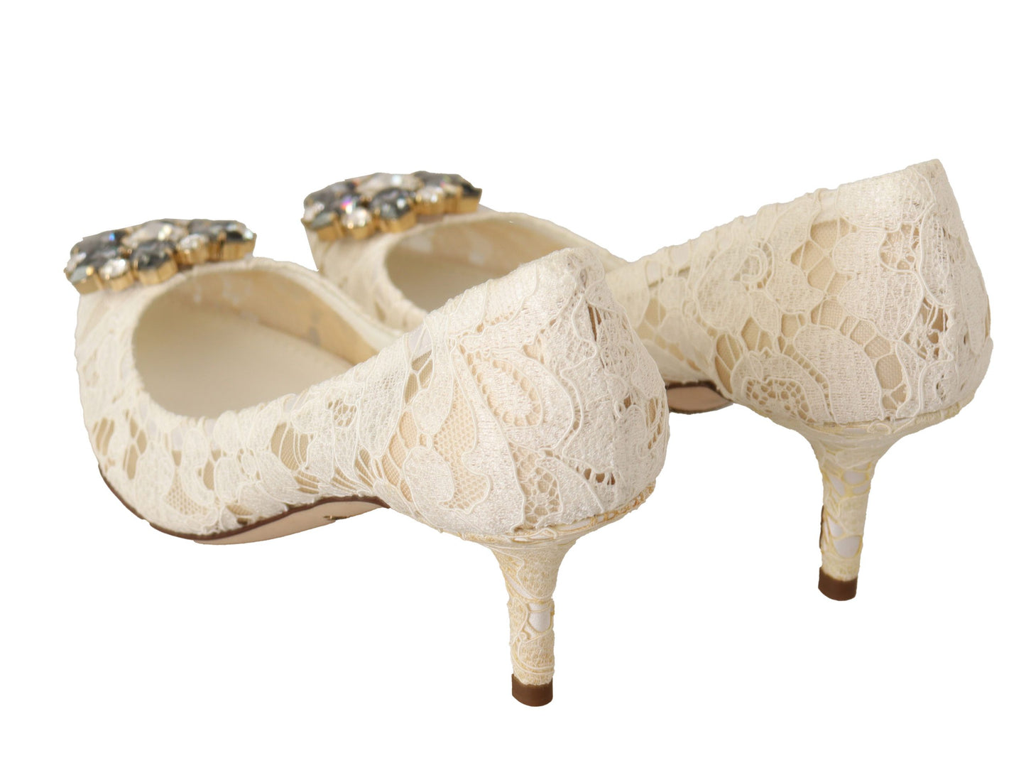 Dolce & Gabbana Elegant White Lace Heels with Crystal Embellishment