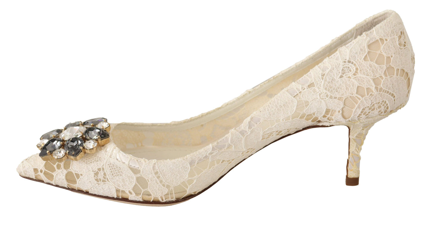 Dolce & Gabbana Elegant White Lace Heels with Crystal Embellishment