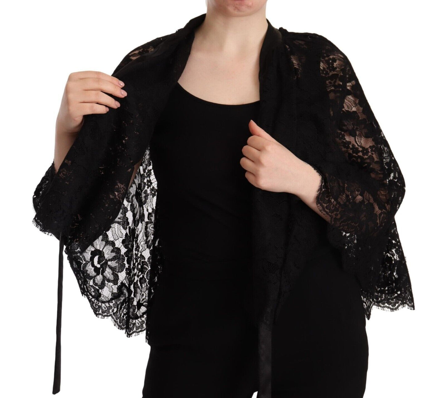 Dolce & Gabbana Black Floral Lace Shoulder Wrap Sweater