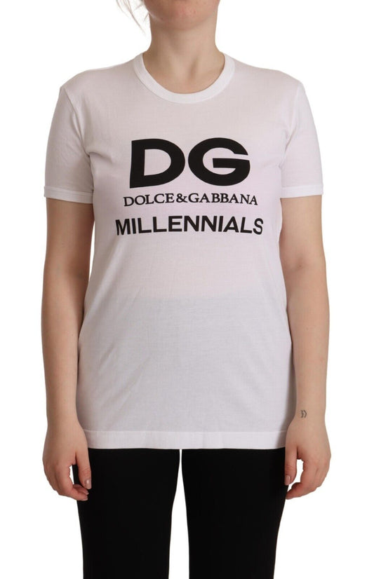 Dolce & Gabbana Elegant Crew Neck White Tee with DG Millennials Print