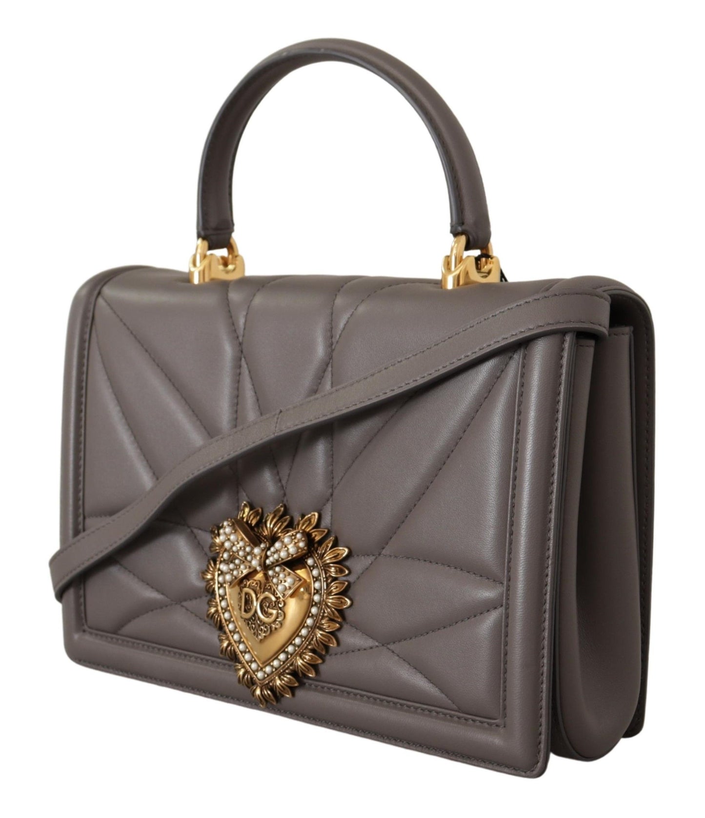 Dolce & Gabbana Gray Devotion Leather Shoulder Bag with Gold Details