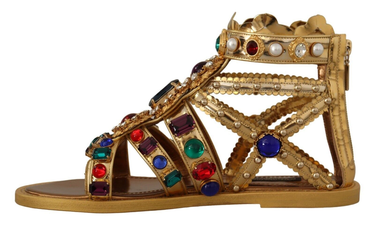 Dolce & Gabbana Elegant Gold Crystal-Embellished Flat Sandals