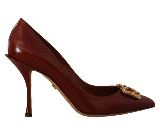 Dolce & Gabbana Elegant Brown Leather Heels with Gold Accents