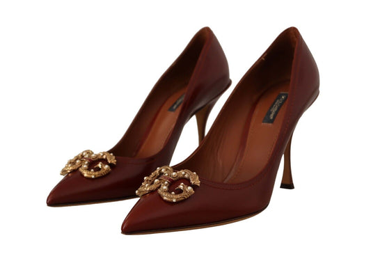 Dolce & Gabbana Elegant Brown Leather Heels with Gold Accents