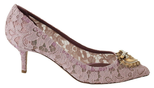 Dolce & Gabbana Elegant Pink Lace Heels with Heart Embellishment