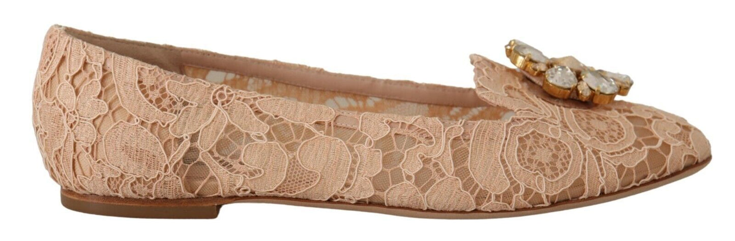 Dolce & Gabbana Elegant Beige Lace Ballet Flats with Crystal Buckle