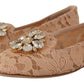 Dolce & Gabbana Elegant Beige Lace Ballet Flats with Crystal Buckle