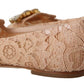 Dolce & Gabbana Elegant Beige Lace Ballet Flats with Crystal Buckle