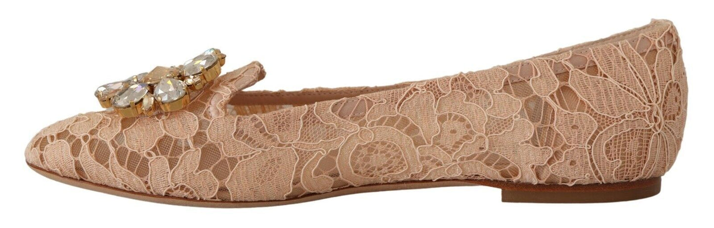 Dolce & Gabbana Elegant Beige Lace Ballet Flats with Crystal Buckle