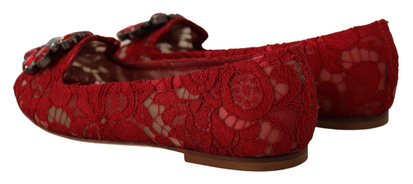 Dolce & Gabbana Radiant Red Lace Ballet Flats with Crystal Buckle