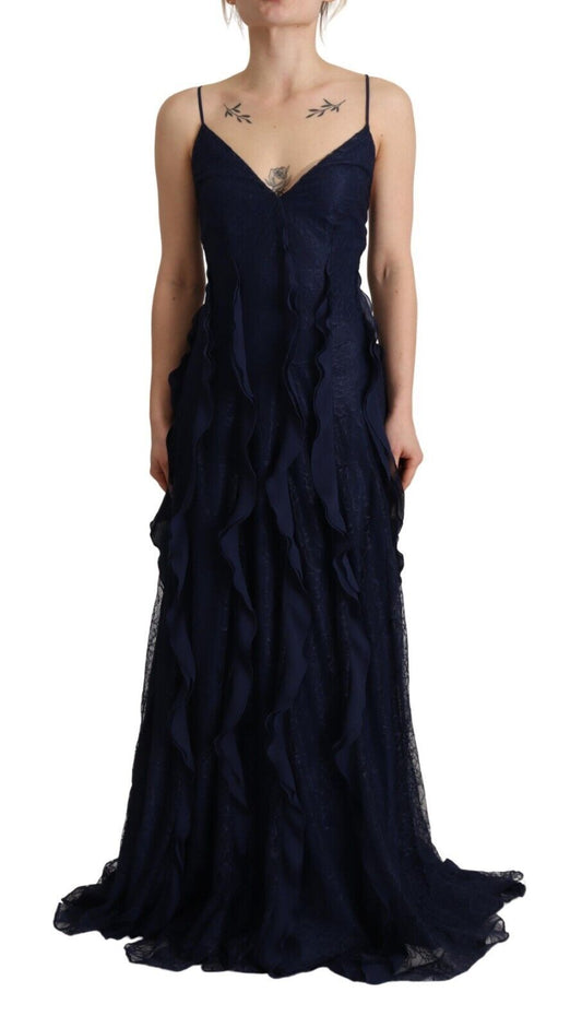 Blumarine Elegant Navy Blue Sweetheart Ruffled Dress