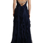 Blumarine Elegant Navy Blue Sweetheart Ruffled Dress