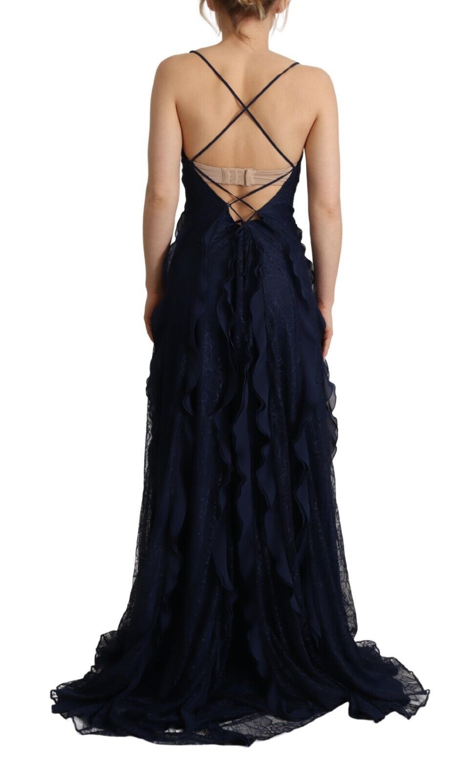 Blumarine Elegant Navy Blue Sweetheart Ruffled Dress