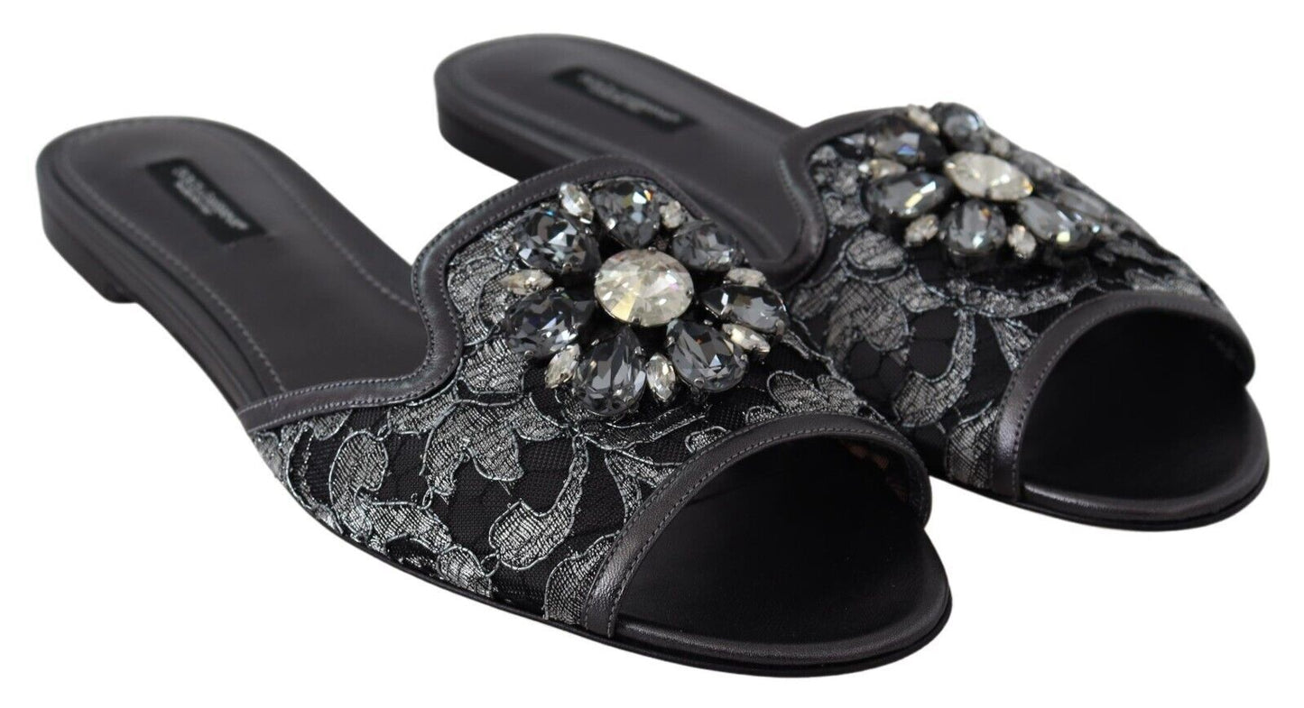 Dolce & Gabbana Elegant Floral Lace Crystal Slides