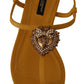 Dolce & Gabbana Mustard T-Strap Flat Sandals with Heart Embellishment