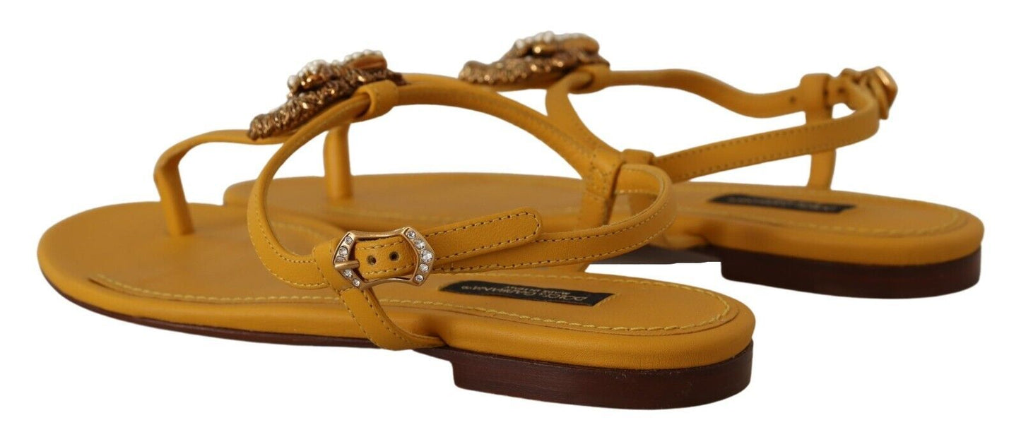 Dolce & Gabbana Mustard T-Strap Flat Sandals with Heart Embellishment