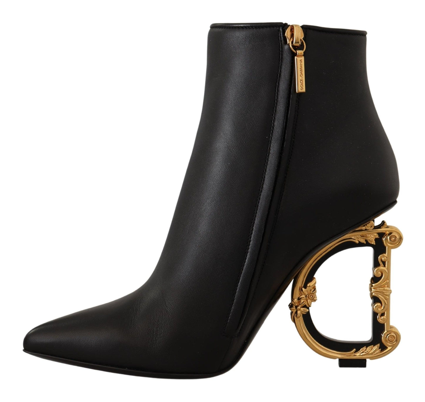 Dolce & Gabbana Elegant Black Leather Ankle Boots with Gold Detailing